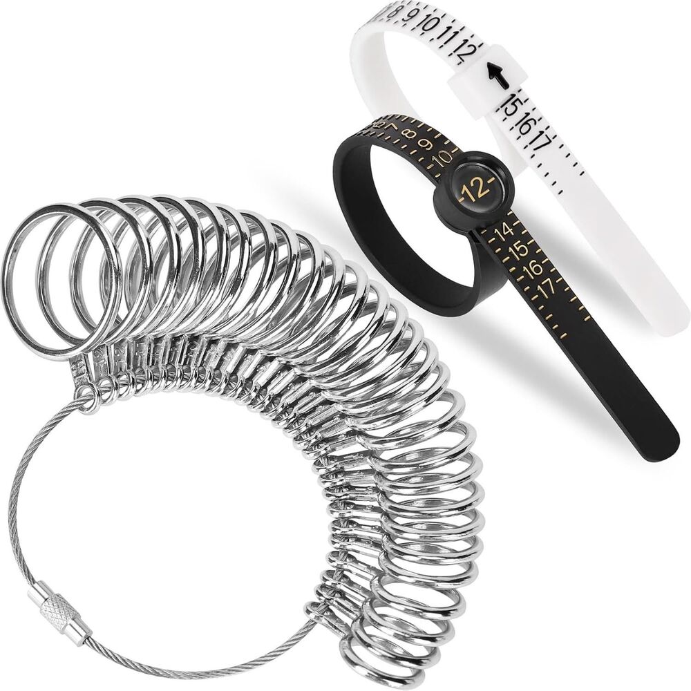 3Pc Ring Sizer Tool Set Jewelry Measuring Gauge Mandrel Finger Sizing Kit Silver
